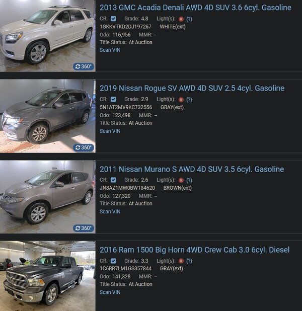 Sitio web de Akron Auto Auction en Ohio con su herramienta de búsqueda de inventario de vehículos