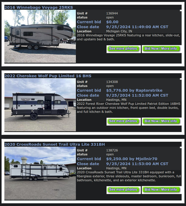Sitio web de subastas CrankyApe.com con fotografías de vehículos recreativos en venta