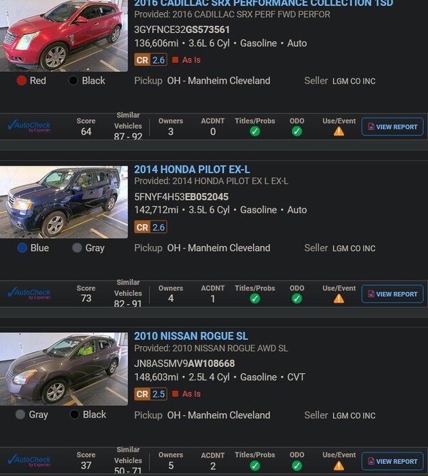 Sitio web de Manheim Cleveland Ohio Auto Auction mostrando listados de carros en subasta a la venta