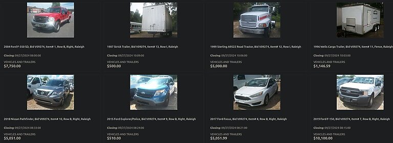 Sitio web de propiedades excedentes del estado de Carolina del Norte con listado de vehículos con fotografías para ofertar